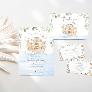Arche Noah-Babyparty einladen, Abenteuer Thema Coed, Windel Lotse Los, Bücher für Baby, Dankes-Karte, Einladung Set, Instant Download