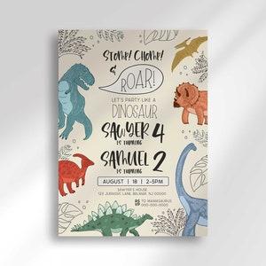Faire-part d'anniversaire commun dinosaure, frères et sœurs, anniversaire de deux enfants, fête préhistorique modifiable, anniversaire dinosaure pour deux noms et âges