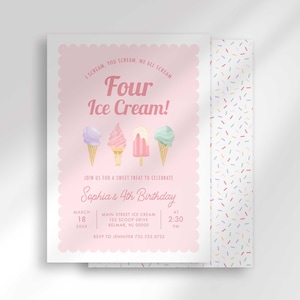 Ich schreie VIER Eis-Geburtstags-Einladung, rosa moderne Eis-Party, Aquarell-Eiscreme sozial einladen, 4. Geburtstags-Eistüte