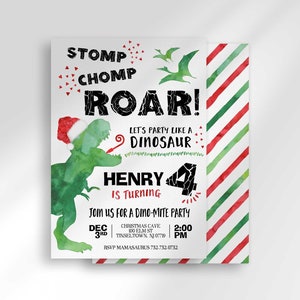 Christmas Dinosaur Birthday Invitation, Christmas Birthday Theme, Merry Roar T-Rex, Santa Dino Invite, Instant Download