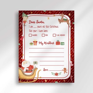 Lista de deseos navideña imprimible para descarga digital instantánea / 8,5 x 11 / Carta a Papá Noel