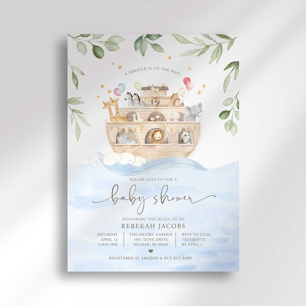 Bewerkbare Noah's Ark baby shower uitnodigingssjabloon om jezelf te bewerken op Corjl.com | Coed baby shower uitnodiging | Digitaal downloaden