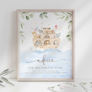 Bewerkbare Ark van Noach Babyshower Advies voor ouders Feestbord en advieskaart om zelf te bewerken op Corjl.com | Digitale download