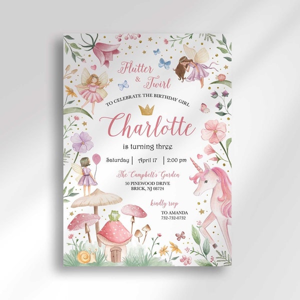 Editable Enchanted Forest Fairy Birthday Invitation Template Instant Download for Any Age | Edit Yourself then Print or Text | Unicorn Fairy