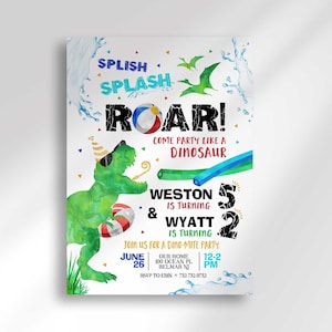 Editable Joint Dinosaur Pool Party Birthday Invitation | Any Age | Instant Digital Download | Printable Invitation | Two Birthdays