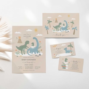 Baby Dino schlüpft bald Babypartyeinladungs-Set, kleiner Dino auf dem Weg, kurz zum Schlüpfen, Dinosaurier-Babyparty-Bundle, Coed Babyparty