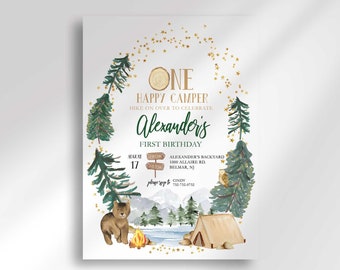 One Happy Camper Birthday Invitation, Woodland Camping First Birthday Party Invite, Outdoor Park Adventure Theme, Editable Template