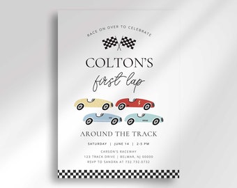 Plantilla editable de invitación de cumpleaños para la primera vuelta de un auto de carreras retro alrededor de la pista para editar en Corjl.com / Enviar digitalmente o imprimir / 1.a vuelta