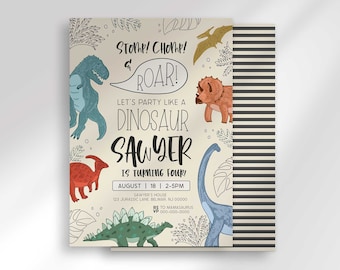 Colorful Dinosaur Birthday Invitation, Cute Dinosaur Party Invite, Jurassic T-Rex Birthday Party Invitation, Modern Dino Party, Download