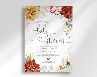 Plantilla de invitación floral para baby shower - Diseño digital editable rosa con flores de primavera para niña