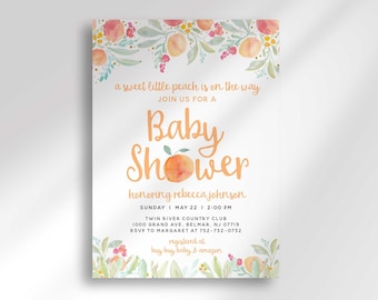 Editable Sweet Peach Baby Shower Invitation Template for  Digital Download | Sweet Little Peach is on the Way