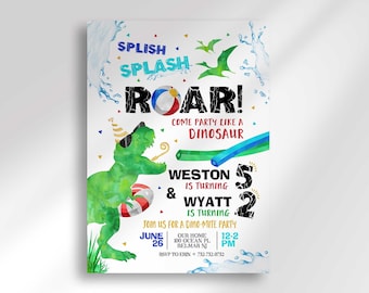 Editable Joint Dinosaur Pool Party Birthday Invitation | Any Age | Instant Digital Download | Printable Invitation | Two Birthdays