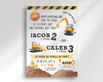 Editable Joint Construction Birthday Invitation | Truck Invitation | Digital Download | Printable Invitation | Two Names and Ages