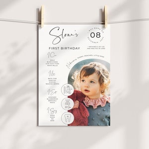 Tableau minimaliste des jalons du premier anniversaire, tableau 1er anniversaire, un an, jalon classique, téléchargement immédiat