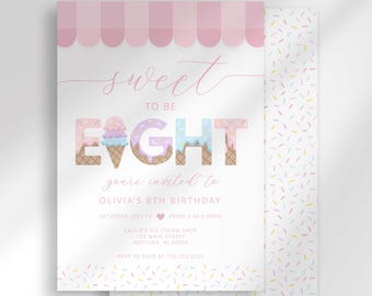 Sweet Ice Cream 8th Birthday Party Invitation with Sprinkles Digital Download