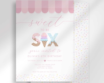 Sweet Ice Cream 6th Birthday Party Invitation with Sprinkles Digital Download