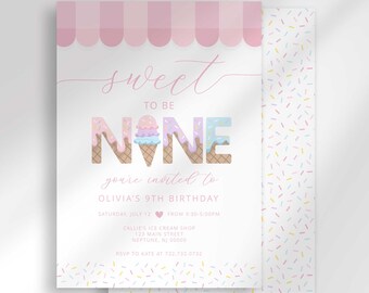 Sweet Ice Cream 9th Birthday Party Invitation with Sprinkles Digital Download