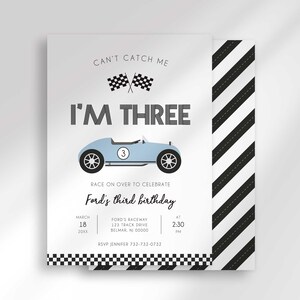 May include: A light blue race car birthday invitation with the text "I'M THREE". The invitation includes the text "Race on over to celebrate Ford's third birthday" and the date, time, and location.