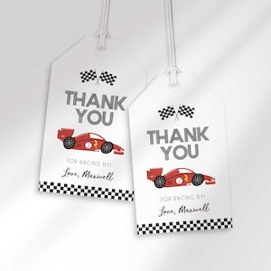 Editable ANY COLOR Race Car Birthday Thank You Tags to Edit at Corjl.com | Party Favor Tags
