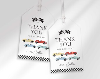 Retro Race Car Birthday Thank You Tags, Editable Racing Party Favor Label (Digital Download)
