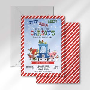 Carson's winter truck-themed birthday invitation layered in front of its matching envelope and a second card showing a red diagonal-stripe back design.