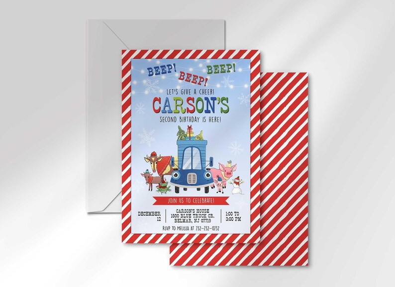 Carson's winter truck-themed birthday invitation layered in front of its matching envelope and a second card showing a red diagonal-stripe back design.