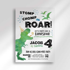 A full view of Jacob's dinosaur-themed 'Stomp Chomp Roar!' birthday invitation with the green watercolor dinosaur wearing a party hat and flying pterodactyls.
