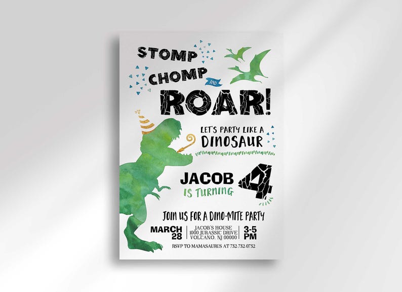 A full view of Jacob's dinosaur-themed 'Stomp Chomp Roar!' birthday invitation with the green watercolor dinosaur wearing a party hat and flying pterodactyls.