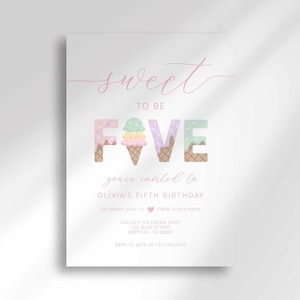Flat, straight-on view of the pink "Sweet to be FIVE" ice cream shop birthday invitation with party details for Olivia's fifth birthday against a plain white background.
