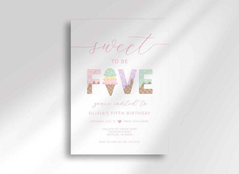 Flat, straight-on view of the pink "Sweet to be FIVE" ice cream shop birthday invitation with party details for Olivia's fifth birthday against a plain white background.