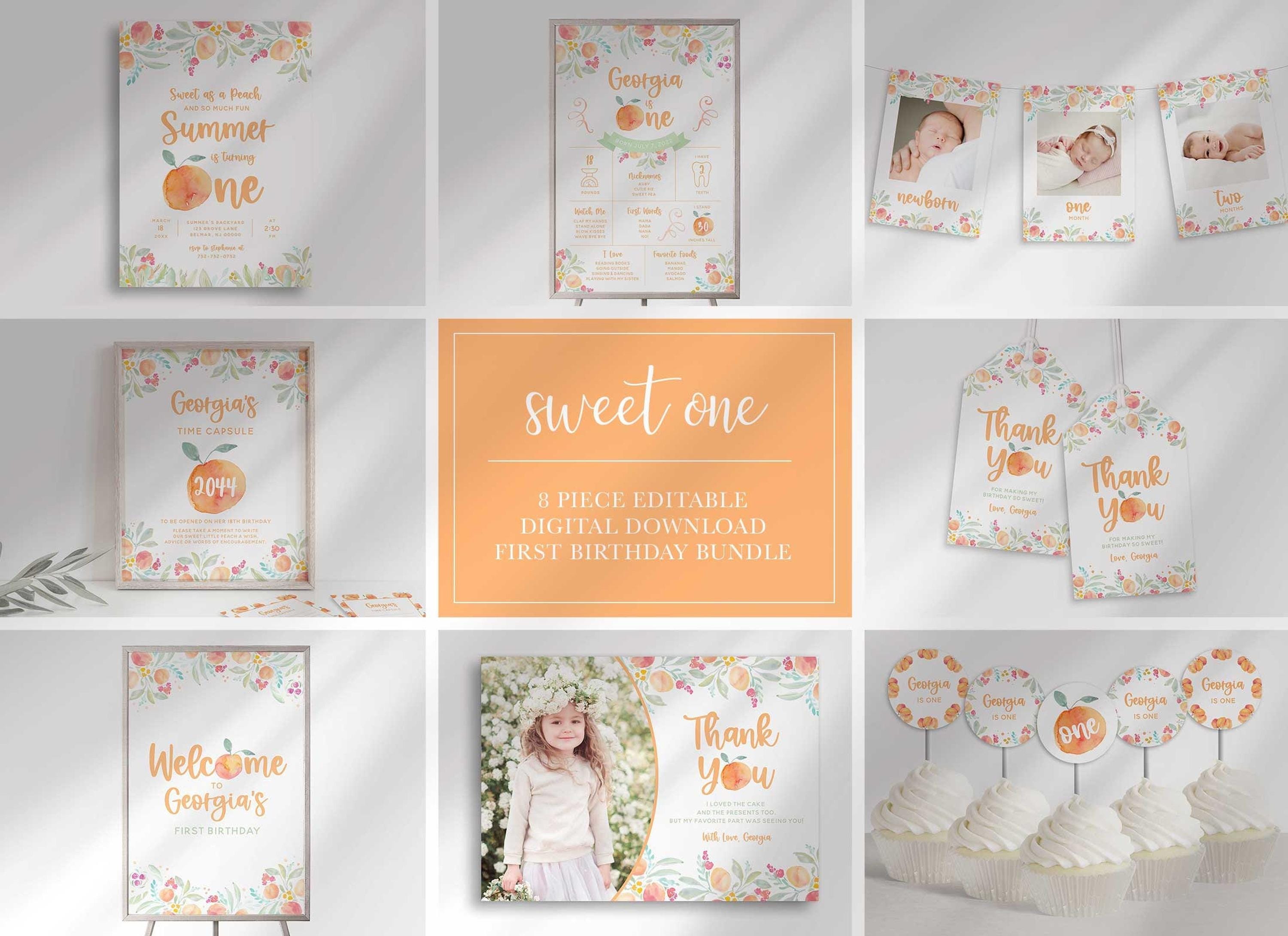 Peach First Birthday Invitation Bundle: Editable Party Decor Sweet