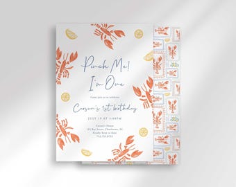 Pinch Me I'm One Birthday Invitation, Coastal Seafood Boil Lobster Party (Digital Download)