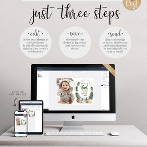 A Corjl explainer graphic titled "just three steps": edit your details online, save your design as a JPG or PDF, and send by printing at home, a professional printer, or digitally via text or email, shown on a desktop computer and mobile devices displaying Jameson's thank you card.