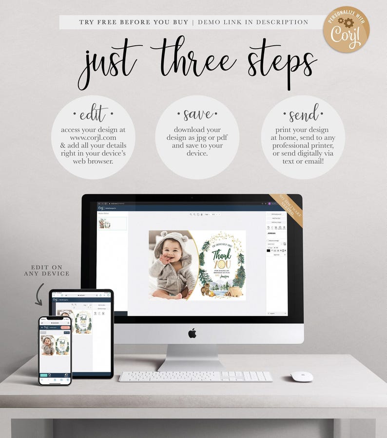 A Corjl explainer graphic titled "just three steps": edit your details online, save your design as a JPG or PDF, and send by printing at home, a professional printer, or digitally via text or email, shown on a desktop computer and mobile devices displaying Jameson's thank you card.