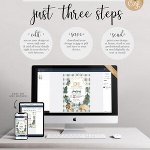 A Corjl explainer graphic titled "just three steps": edit your details online, save your design as a JPG or PDF, and send by printing at home, a professional printer, or digitally via text or email, shown on a desktop computer and mobile devices displaying Andrew and Lydia's invitation.