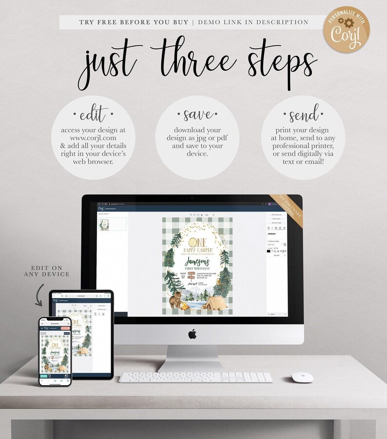 A Corjl explainer graphic titled "just three steps": edit your details online, save your design as a JPG or PDF, and send by printing at home, a professional printer, or digitally via text or email, shown on a desktop computer and mobile devices displaying Andrew and Lydia's invitation.
