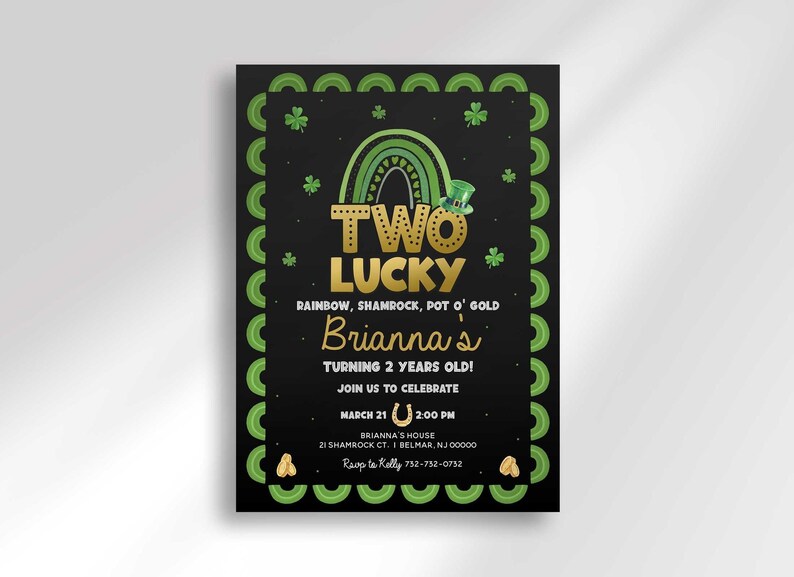 Printable Two Lucky St. Patrick's Day second birthday invitation with a green shamrock border and gold rainbow design, customized with the child's name and party details.