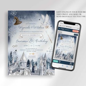 Graphic showing the invitation displayed on a smartphone, explaining that customers can edit it online in their web browser, then print and mail it or send it digitally via text or email.