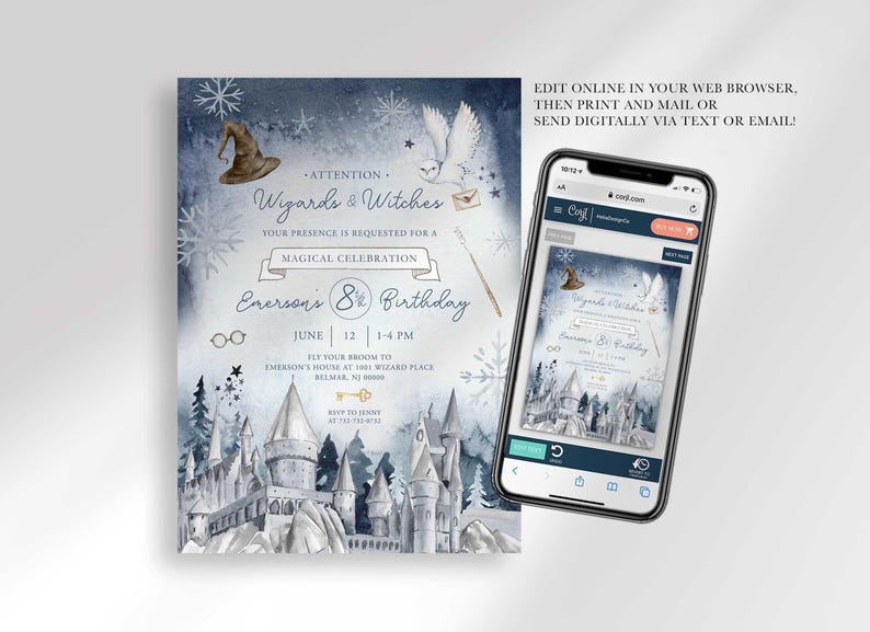 Graphic showing the invitation displayed on a smartphone, explaining that customers can edit it online in their web browser, then print and mail it or send it digitally via text or email.