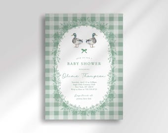 Mallard Duck Baby Shower Invitation: Green Gingham (Digital) (Digital Download)