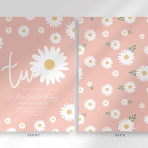 Front and back view of the invitation: the front shows the pink daisy design with party details, and the back shows a matching repeating daisy pattern.
