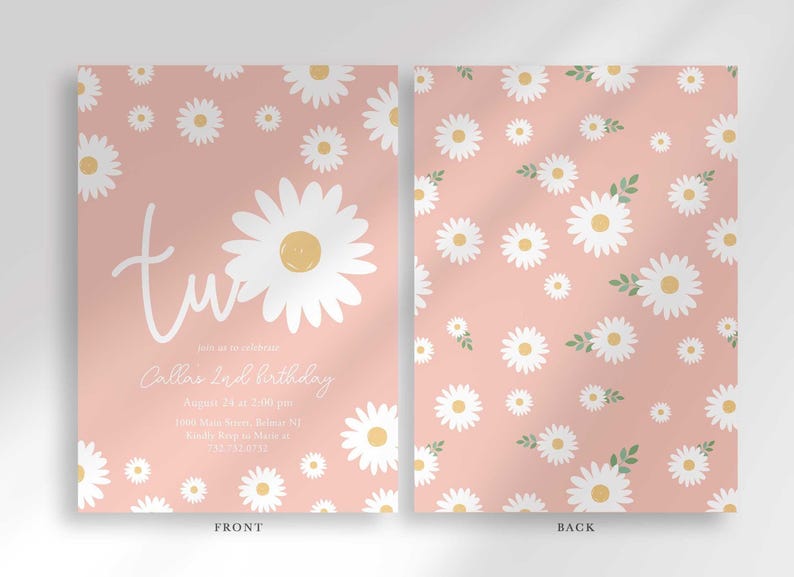 Front and back view of the invitation: the front shows the pink daisy design with party details, and the back shows a matching repeating daisy pattern.