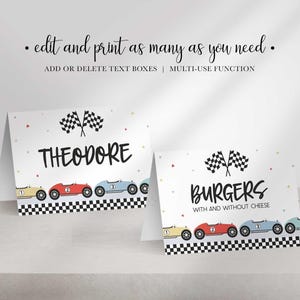 Two folded race car themed table labels displaying sample text THEODORE and BURGERS WITH AND WITHOUT CHEESE.