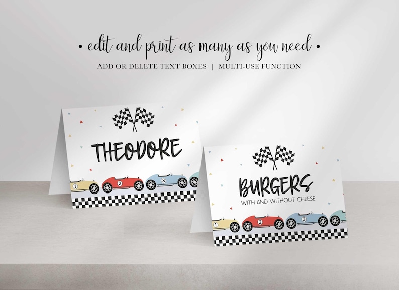 Two folded race car themed table labels displaying sample text THEODORE and BURGERS WITH AND WITHOUT CHEESE.
