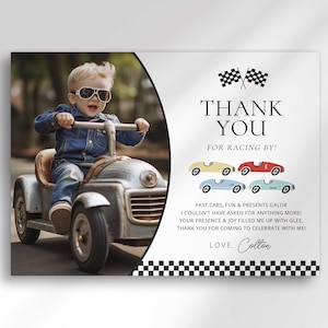 Modelo de agradecimento de aniversário de carro de corrida editável para editar em Corjl.com | Para qualquer idade | Download instantâneo | Cartão de agradecimento digital