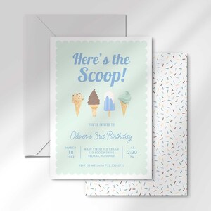 The invitation's front design shown angled and stacked in front of a matching pastel sprinkle-pattern back and a gray envelope.