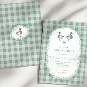 Stockenten-Babyparty-Einladung, kleine Enten-Babyparty, Gingham, Monogramm-Babyparty, blaue Baby-Duschen-Einladung
