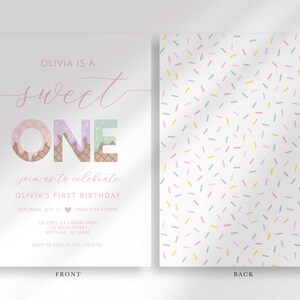 Labeled FRONT and BACK view of the invitation: the front shows the "Sweet ONE" design, and the back shows a colorful sprinkle pattern.