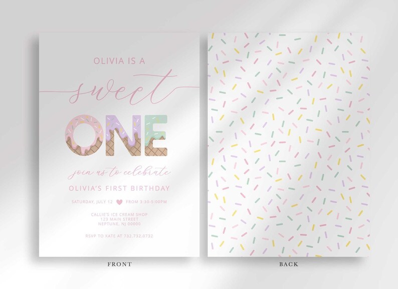 Labeled FRONT and BACK view of the invitation: the front shows the "Sweet ONE" design, and the back shows a colorful sprinkle pattern.