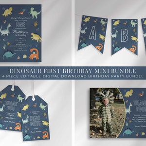 Editable Dinosaur First Birthday Mini Bundle for Digital Download | Edit & Print Yourself | Little Dino is Turning One